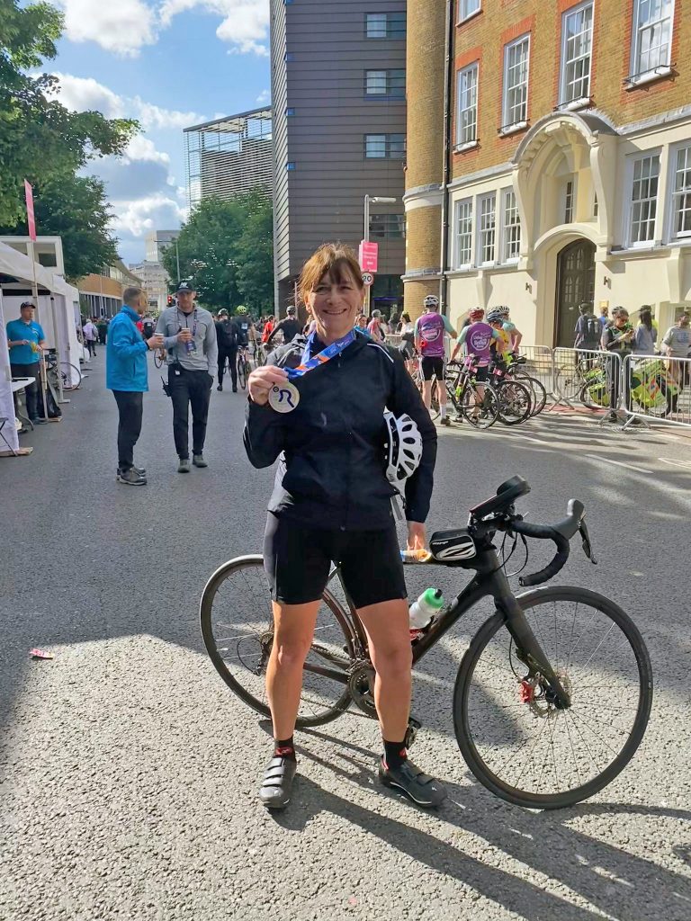 Jacqui Tierney with her finisher’s medal at Ride London